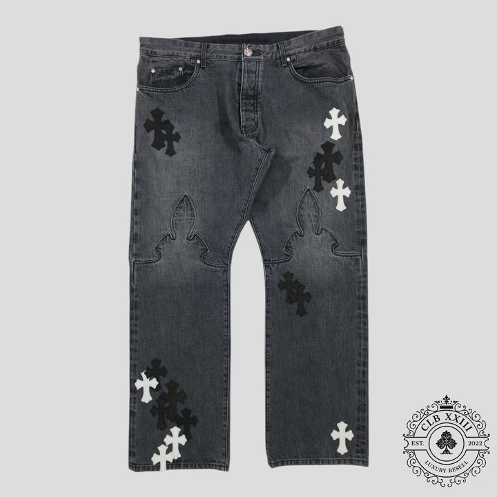 Chrome Heart Fleur Knee Denim in Black/White - Rare Chrome Hearts luxury denim jeans in gently used condition.