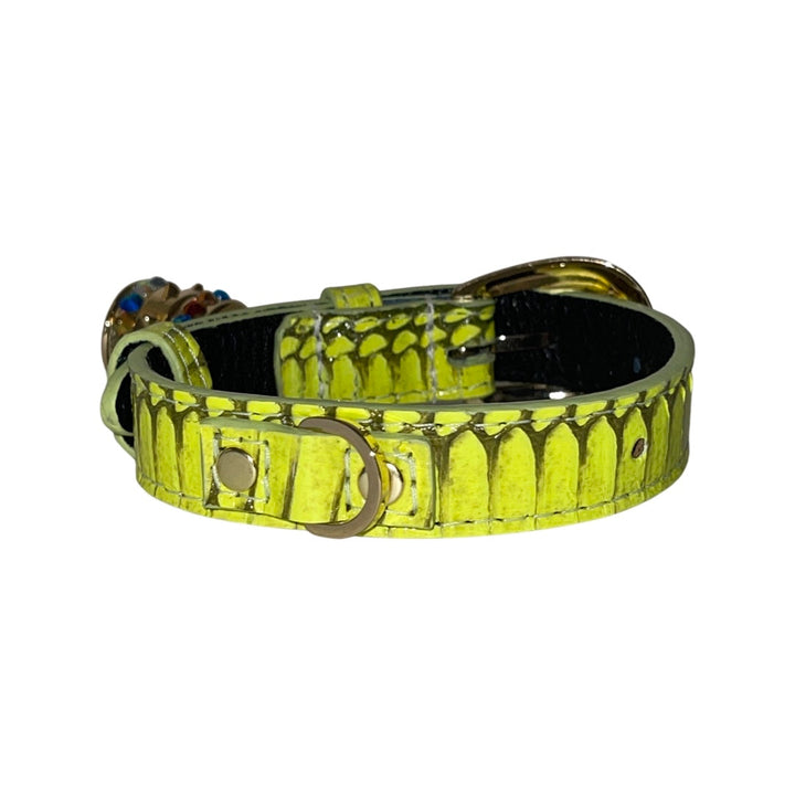 XS/S 7”-14” Light Neon Green Custom Snake Collar/Custom Gold Oval Italian Hardware &amp; Swarovski Crystal Charm