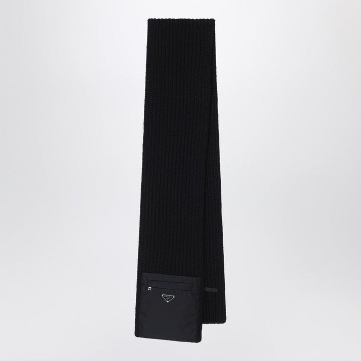 Prada Black Wool Scarf With Re-Nylon Pocket Men
