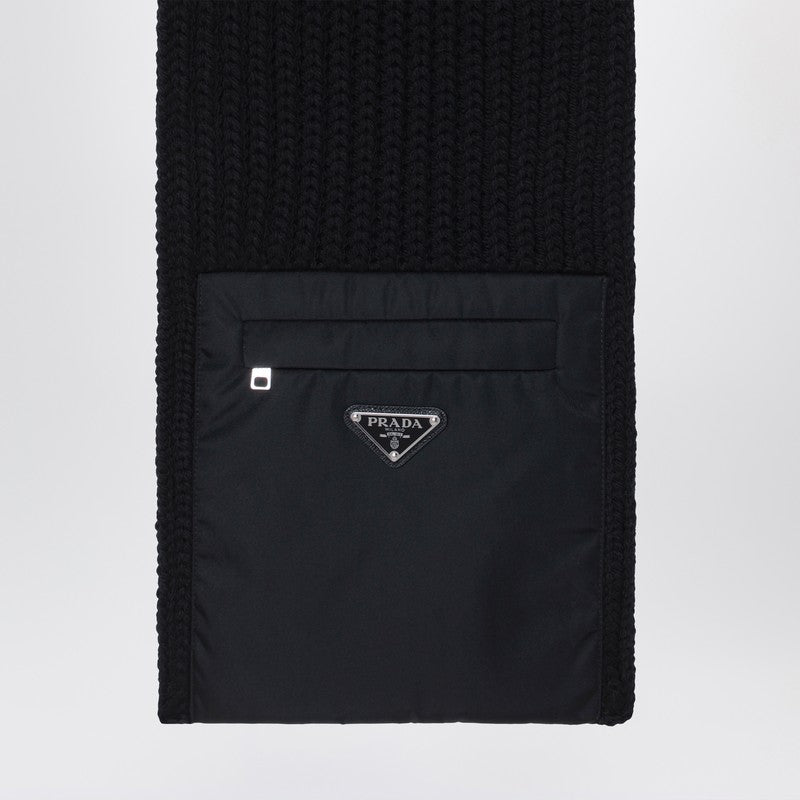 Prada Black Wool Scarf With Re-Nylon Pocket Men