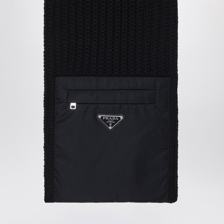 Prada Black Wool Scarf With Re-Nylon Pocket Men