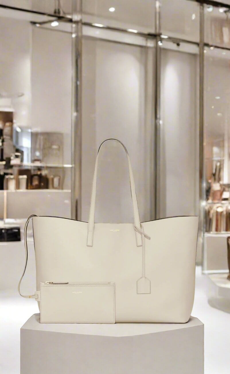 SAINT LAURENT White Calf Leather Tote Shoulder Bag