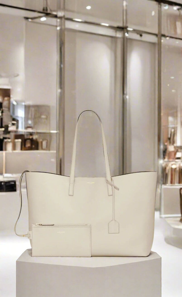 SAINT LAURENT White Calf Leather Tote Shoulder Bag