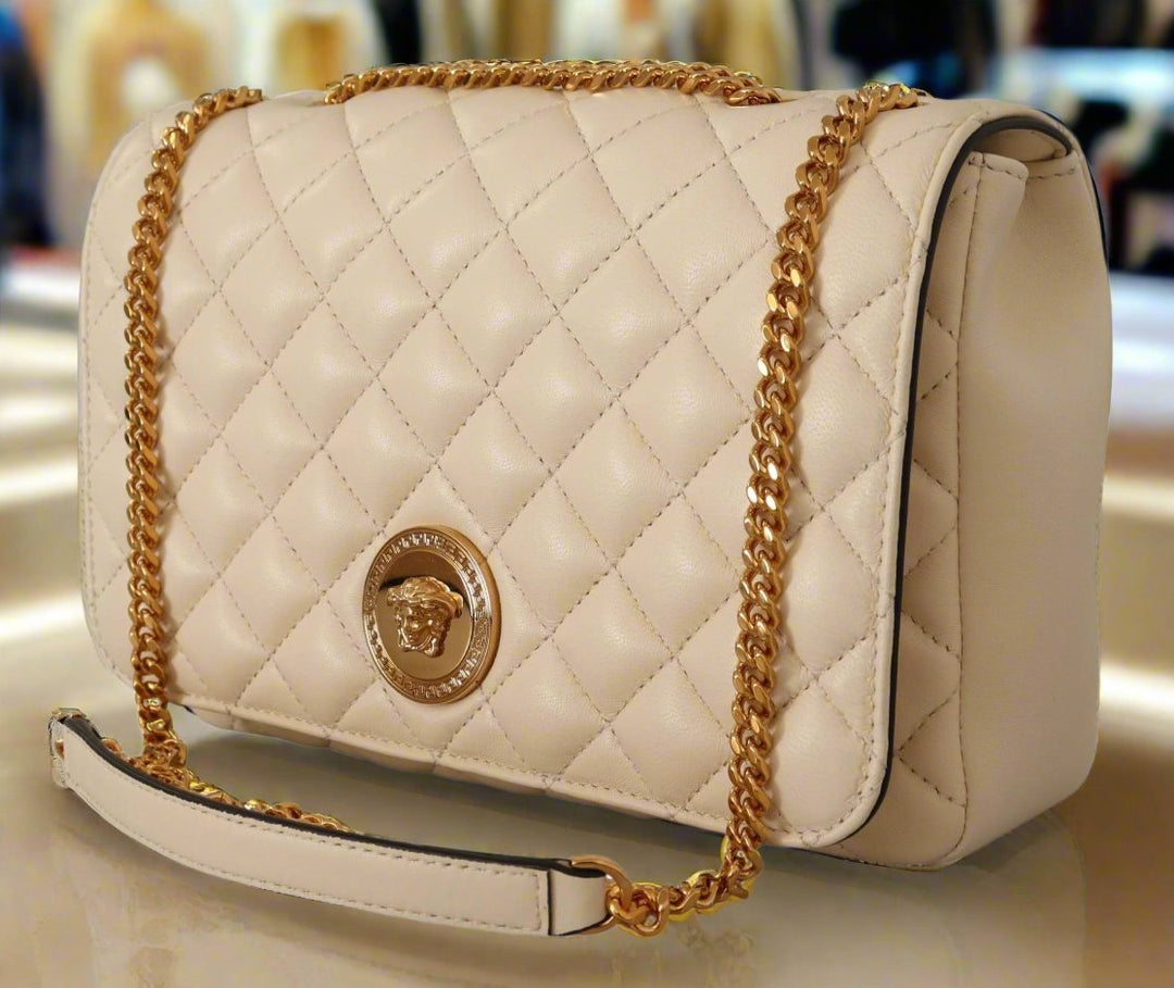 VERSACE diamond quilted White Nappa Leather Shoulder Bag