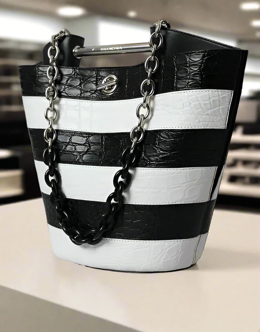 Balenciaga BLACK & WHITE STRIPED EXOTIC SKIN LEATHER MAXI BUCKET TOTE BAG