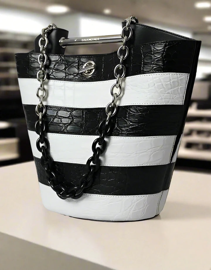Balenciaga BLACK & WHITE STRIPED EXOTIC SKIN LEATHER MAXI BUCKET TOTE BAG