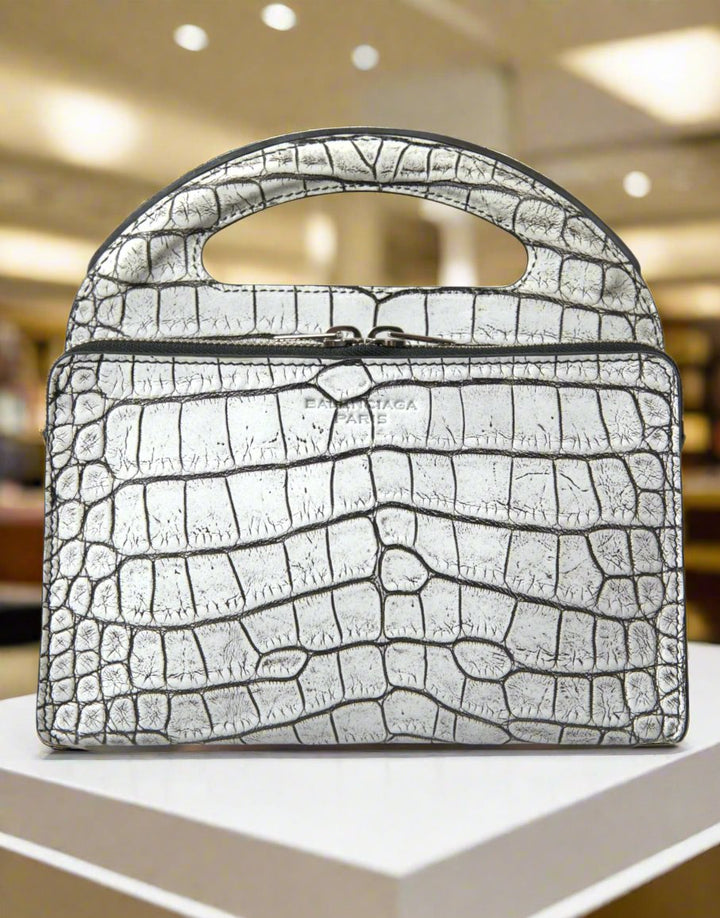 BALENCIAGA Metallic Silver Alligator Leather Mini Bag
