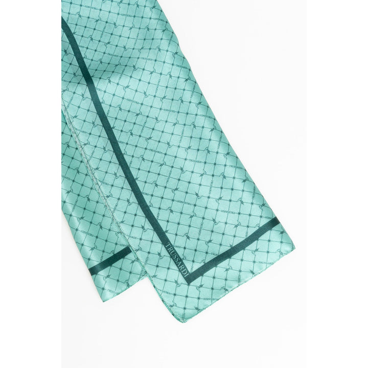 A green Trussardi scarf with a geometric pattern displayed against a white background.