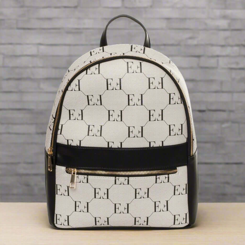 Backpack with monogram pattern on a white background