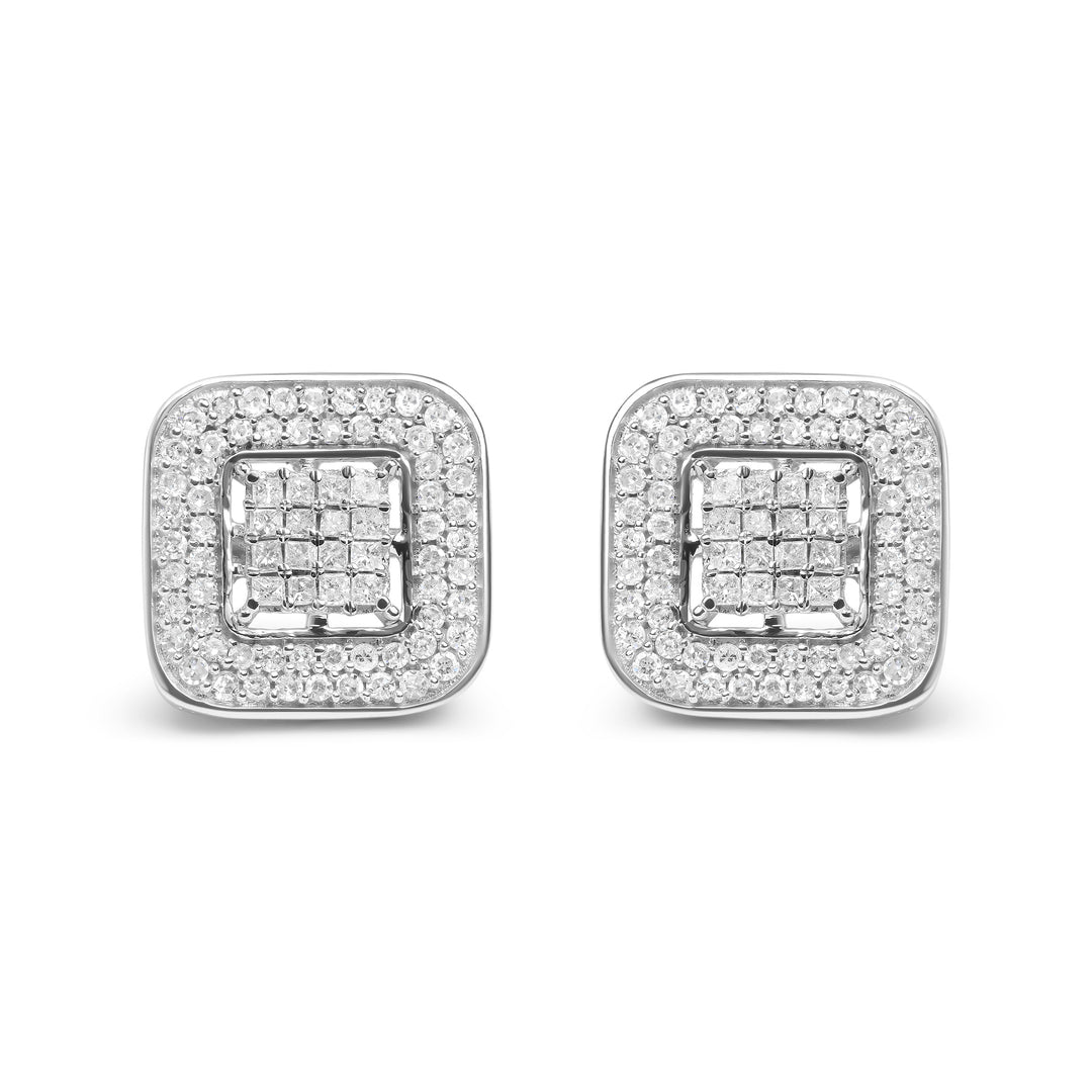 10K White Gold 1.0 Cttw Round and Princess Cut Diamond Composite Open Halo Stud Earrings (H-I Color, SI1-SI2 Clarity)