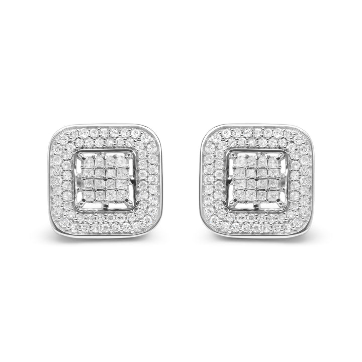 10K White Gold 1.0 Cttw Round and Princess Cut Diamond Composite Open Halo Stud Earrings (H-I Color, SI1-SI2 Clarity)