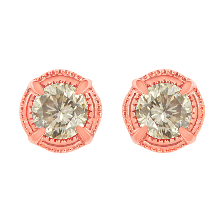 14K Yellow Gold Plated .925 Sterling Silver 1.0 Cttw Round Brilliant Cut Diamond Solitaire Milgrain Stud Earrings (K-L Color, I2-I3 Clarity)