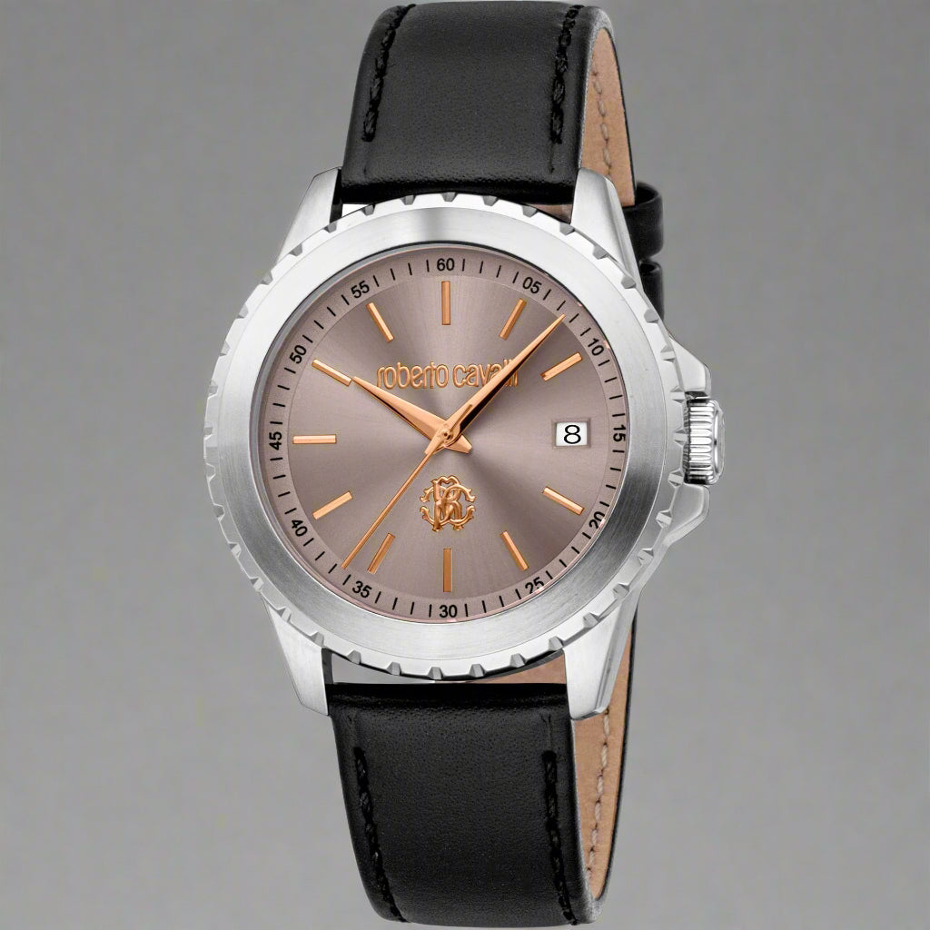 Roberto Cavalli men's  silver bezel with pewter dial-date Watches