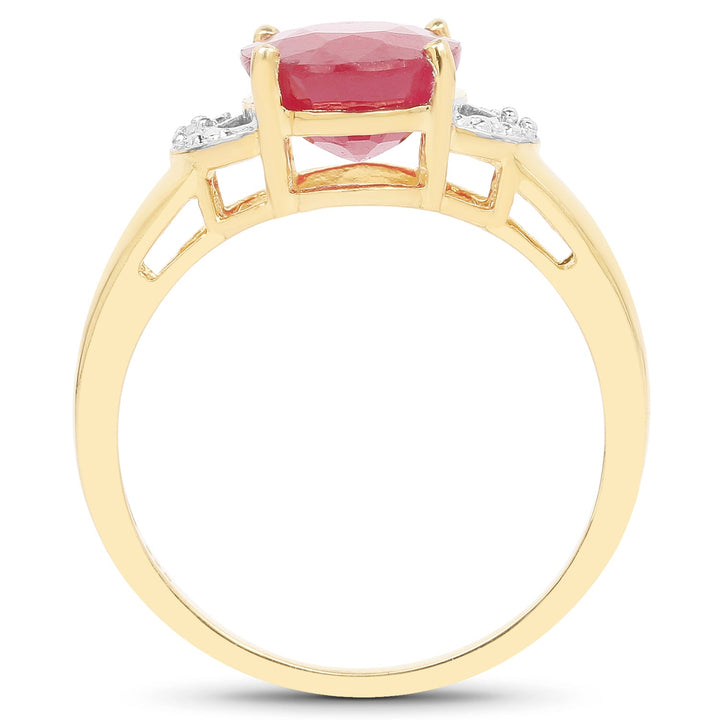 14K Yellow Gold Plated 4.01 Carat Glass Filled Ruby and White Diamond .925 Sterling Silver Ring