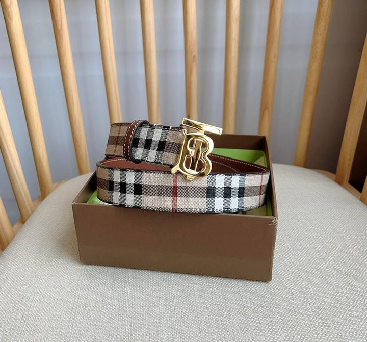 Burberry TB Belt E-Canvas &amp; Leather Vintage Check Monogram Buckle - Timeless Luxury