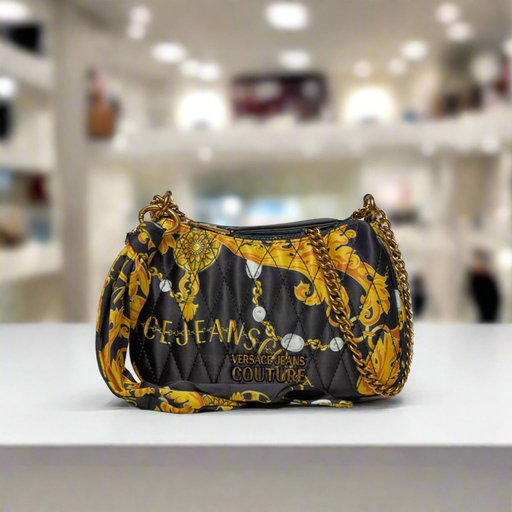 Versace Jeans Couture shoulder bag with gold emblem, quilted design, synthetic leather in black and yellow.