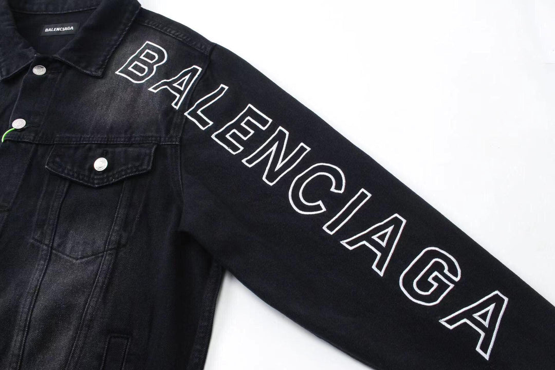 BALENCIAGA UNISEX Embroidered Logo Denim Jacket Sunbleached Black