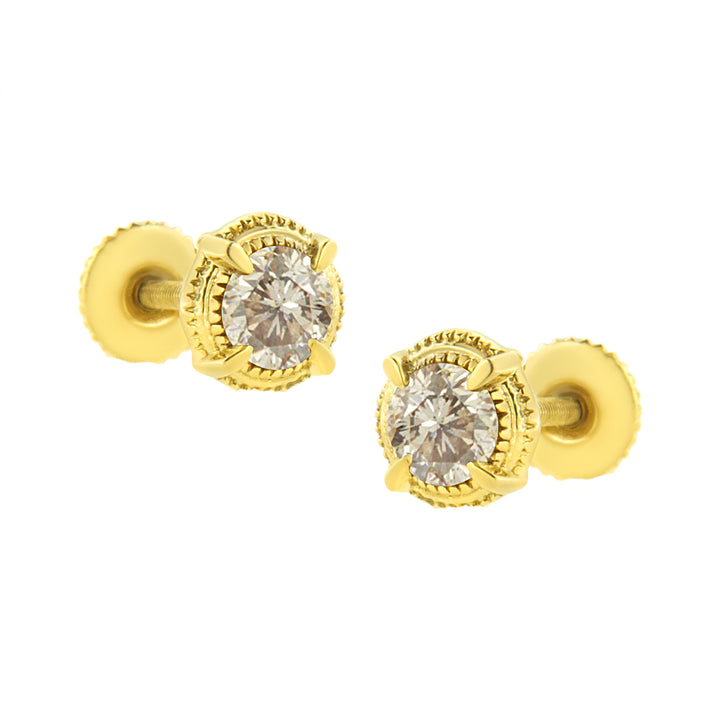 14K Yellow Gold Plated .925 Sterling Silver 1.0 Cttw Round Brilliant Cut Diamond Solitaire Milgrain Stud Earrings (K-L Color, I2-I3 Clarity)