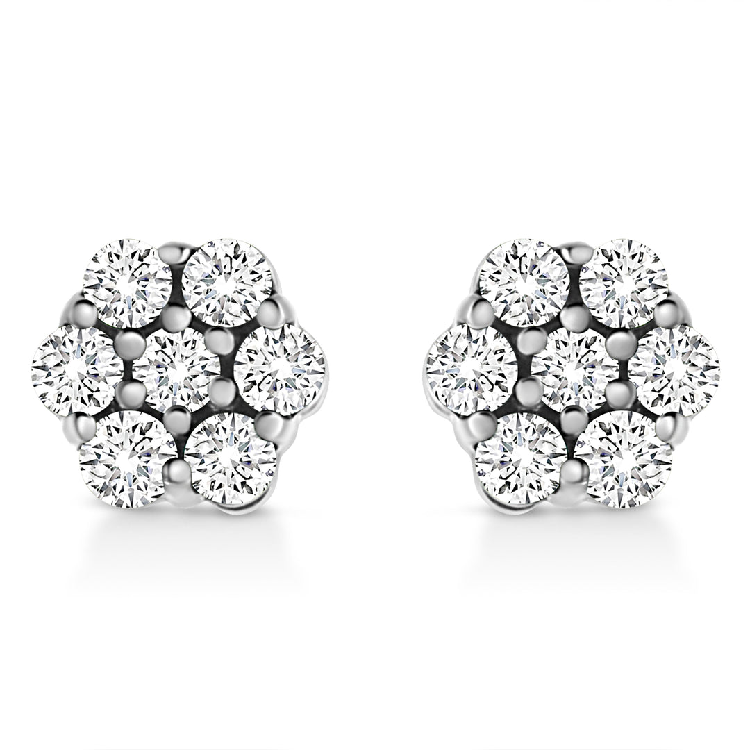 14K White Gold 1/2 Cttw Prong Set Round-Cut Diamond Flower Stud Earring (H-I Color, I1-I2 Clarity)