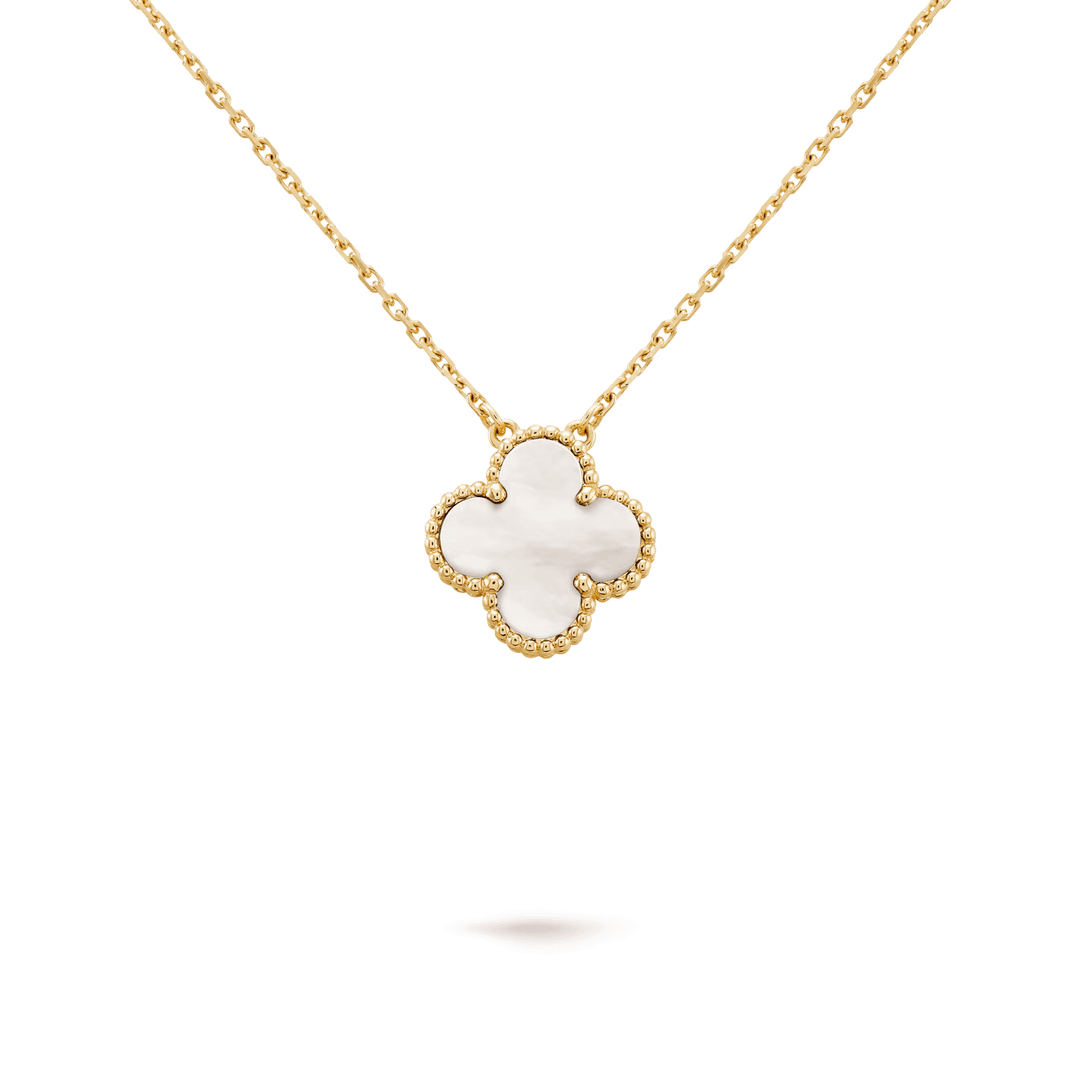 Van Cleef & Arpels Vintage Alhambra pendant 18K yellow gold, Mother-of-pearl on a delicate chain, fine jewelry.
