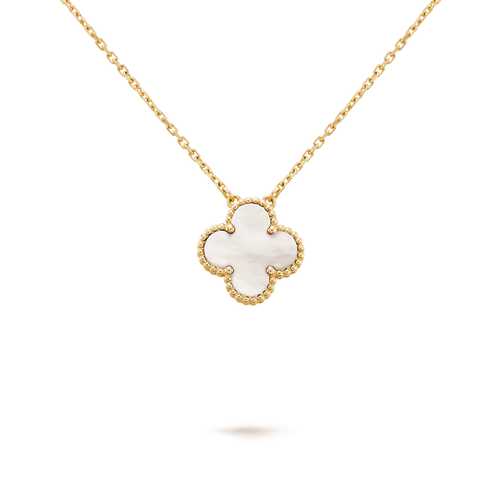 Van Cleef & Arpels Vintage Alhambra pendant 18K yellow gold, Mother-of-pearl on a delicate chain, fine jewelry.