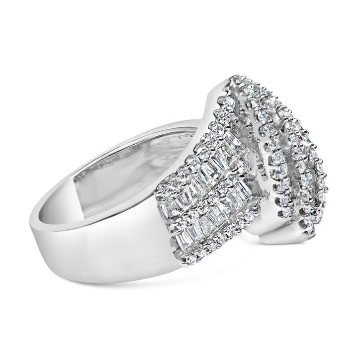 14K White Gold 1-1/2 Cttw Round and Baguette Diamond Bypass Cocktail Ring Band (H-I Color, SI1-SI2 Clarity) - Size 7