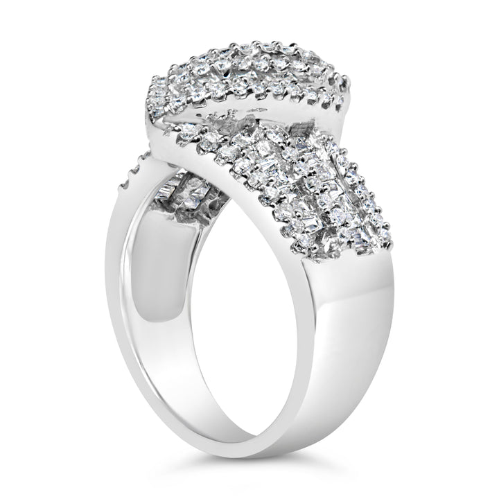 14K White Gold 1-1/2 Cttw Round and Baguette Diamond Bypass Cocktail Ring Band (H-I Color, SI1-SI2 Clarity) - Size 7