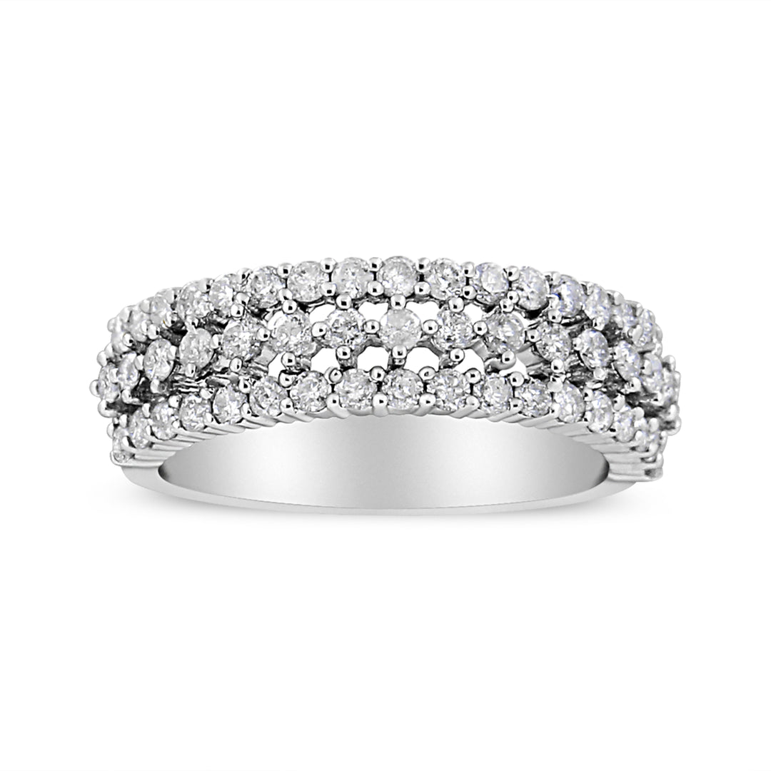 14K White Gold 1.0 Cttw Prong Set Round Diamond Split Shank Three Row Band Ring (H-I Color, I2-I3 Clarity) - Size 6