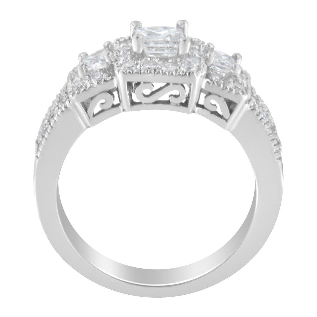 14K White Gold Round and Princess-Cut Diamond Three Stone Ring (1 Cttw, H-I Color, I1-I2 Clarity) - Size 7