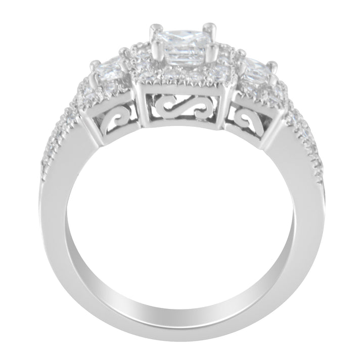 14K White Gold Round and Princess-Cut Diamond Three Stone Ring (1 Cttw, H-I Color, I1-I2 Clarity) - Size 7