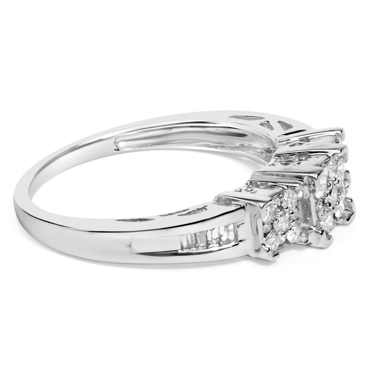 10K White Gold 1/2 Cttw Brilliant & Baguette Cut Diamond 3 Stone Design with 3 Square Clusters Engagement Ring (H-I Color, SI2-I1 Clarity) - Size 6-3/4