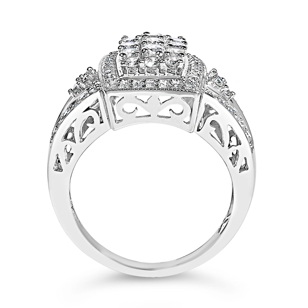 10K White Gold 1.0 Cttw Diamond Rectangular Cushion Shaped Cluster Halo Flared Band Cocktail Fashion Ring (H-I Color, SI2-I1 Clarity) - Size 7