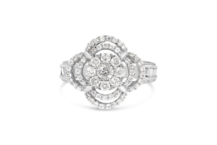 14K White Gold 1.0 Cttw Round & Baguette Cut Diamond Floral Cluster Quatrefoil Channel Set Band Cocktail Statement Ring (H-I Color, SI2-I1 Clarity) - Size 6-3/4