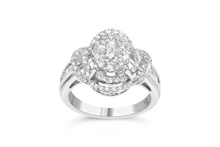 14K White Gold 1.0 Cttw Round & Baguette Cut Diamond Floral Cluster Quatrefoil Channel Set Band Cocktail Statement Ring (H-I Color, SI2-I1 Clarity) - Size 6-3/4