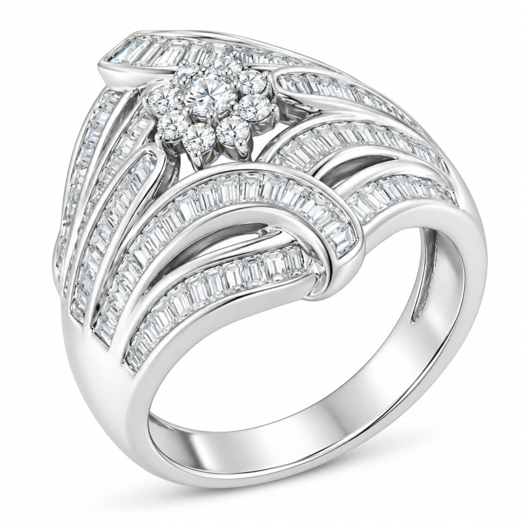 .925 Sterling Silver 1-1/8 Cttw Round &amp; Baguette Diamond &