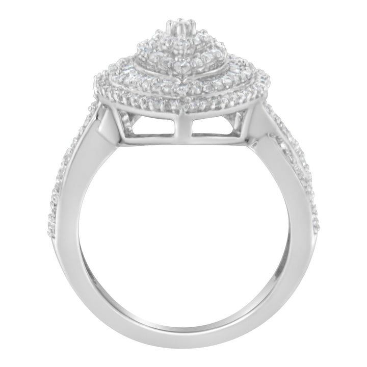 .925 Sterling Silver 1.0 Cttw Round & Baguette-Cut Diamond Marquise-Shaped Cluster Triple Stepped Halo Cocktail Fashion Ring (I-J Color, I2-I3 Clarity) - Size 7