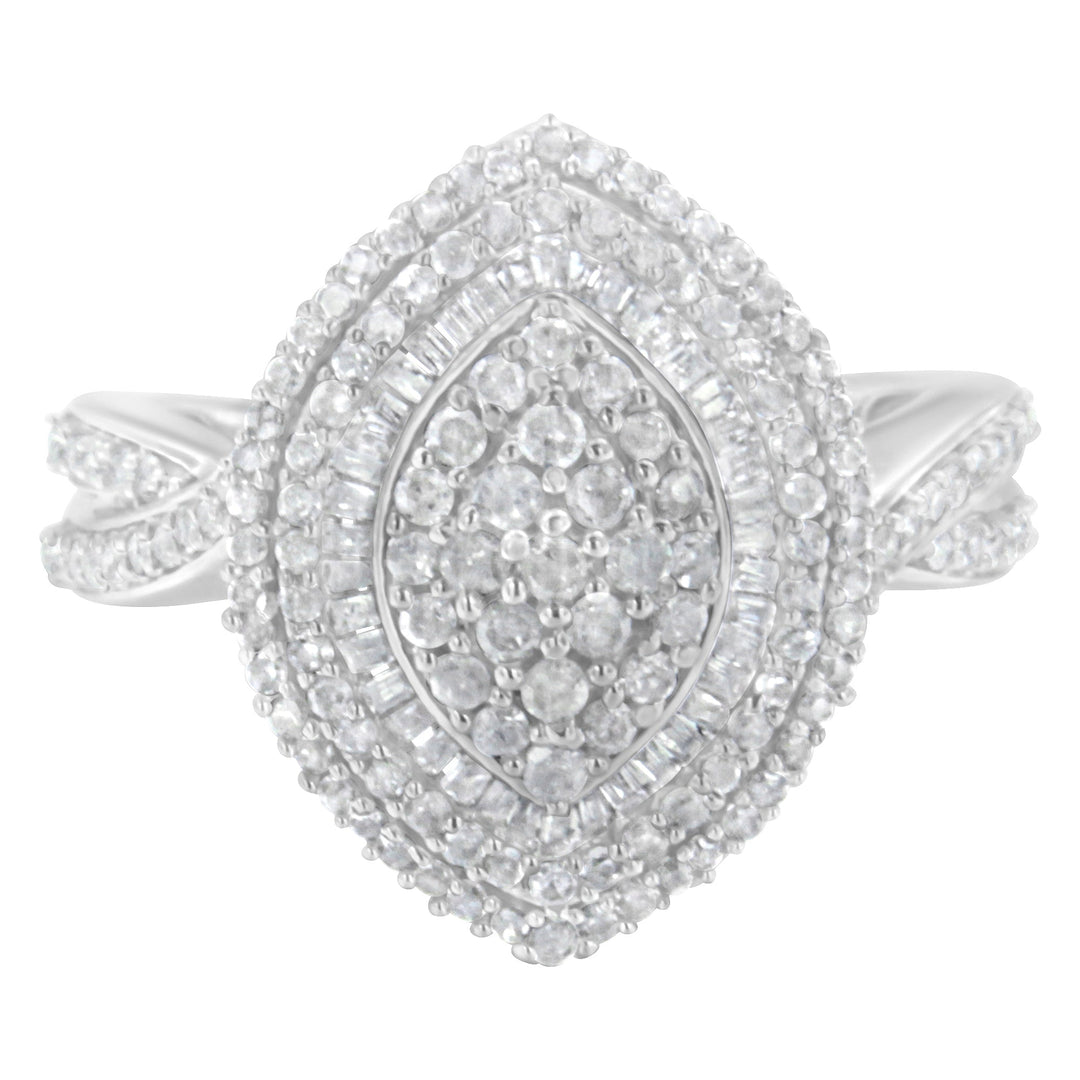 .925 Sterling Silver 1.0 Cttw Round & Baguette-Cut Diamond Marquise-Shaped Cluster Triple Stepped Halo Cocktail Fashion Ring (I-J Color, I2-I3 Clarity) - Size 7