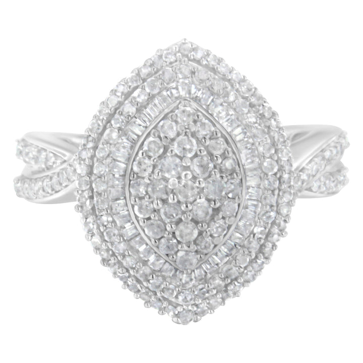 .925 Sterling Silver 1.0 Cttw Round & Baguette-Cut Diamond Marquise-Shaped Cluster Triple Stepped Halo Cocktail Fashion Ring (I-J Color, I2-I3 Clarity) - Size 7