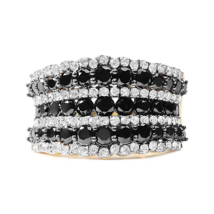 14K Yellow Gold Plated .925 Sterling Silver 1 3/4 Cttw Treated Black and White Alternating Diamond Multi Row Band Ring (Black / I-J Color, I2-I3 Clarity) - Size 7