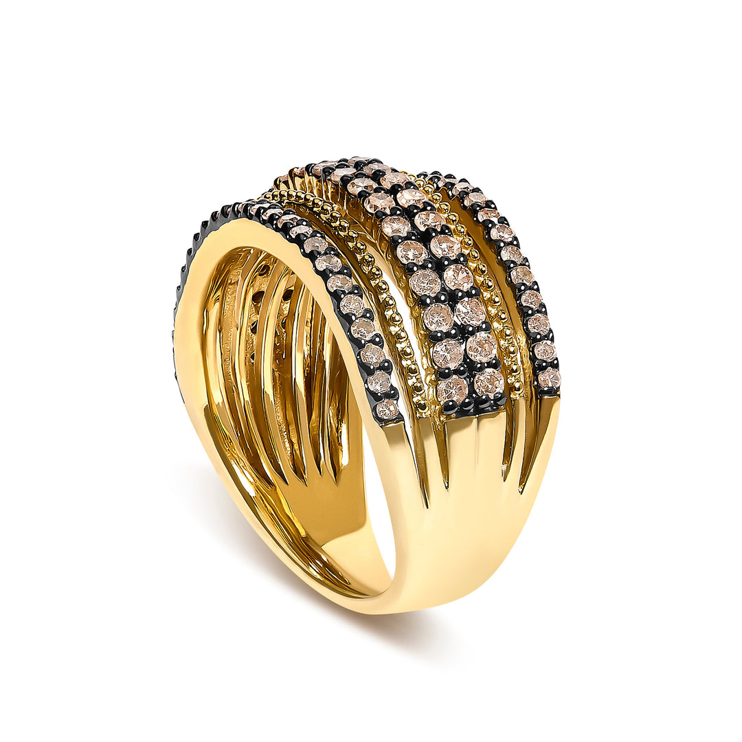 10K Yellow Gold Plated Sterling Silver 1.00 Cttw Champagne Diamond Multi Layer Band Ring