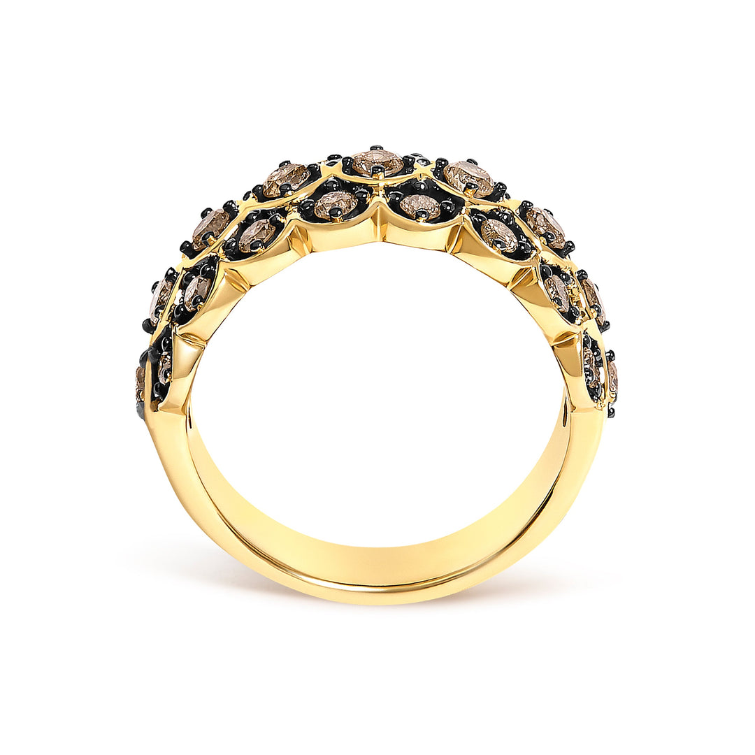 10K Yellow Gold Plated Sterling Silver 1.0 Cttw Brown Diamond Scalloped Motif Band Ring