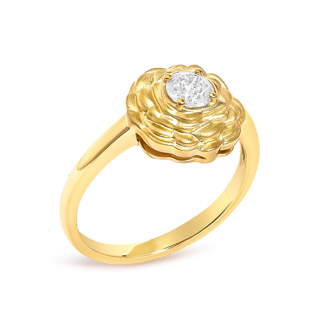 14K Yellow Gold Plated Sterling Silver 1/3 Cttw Lab Grown Diamond Floral Motif Solitaire Ring