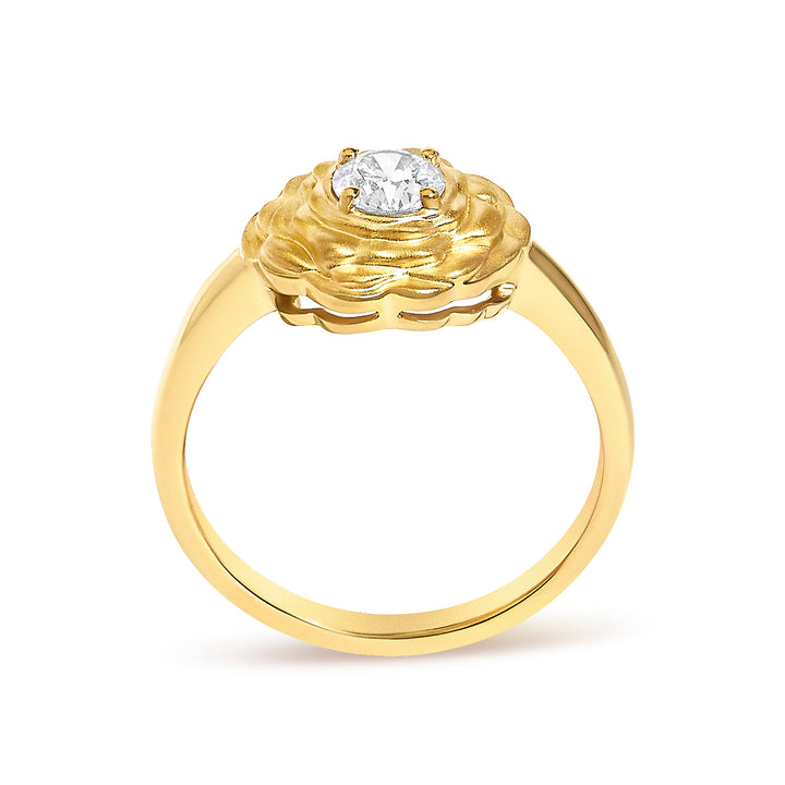 14K Yellow Gold Plated Sterling Silver 1/3 Cttw Lab Grown Diamond Floral Motif Solitaire Ring