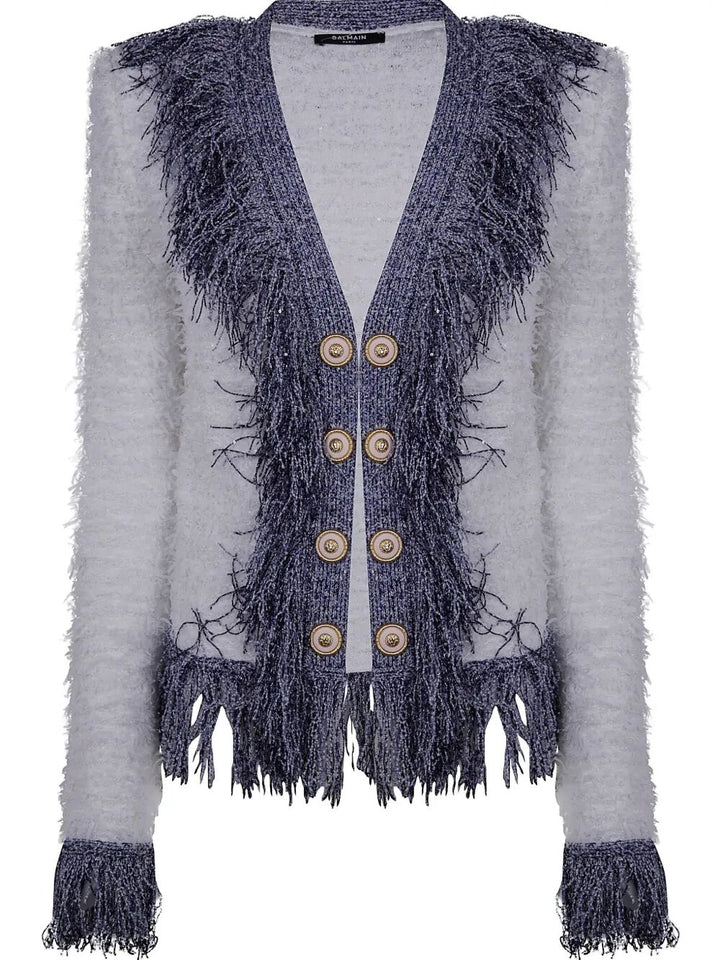 Balmain Women Collarless Glittered Fringed Tweed Jkt