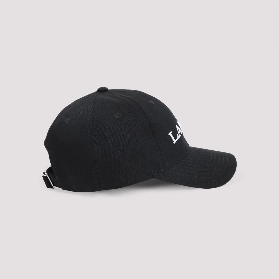 Black cap with a logo on the back against a light gray background