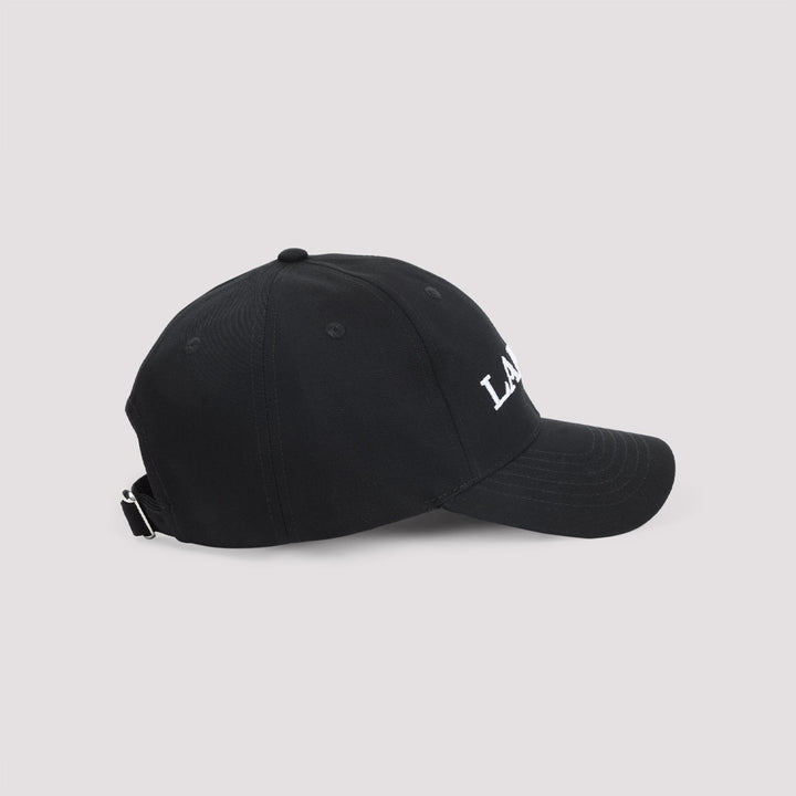 Black cap with a logo on the back against a light gray background