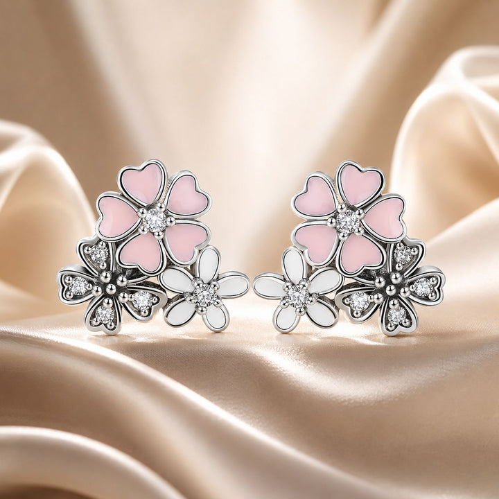 925 Sterling Silver Earrings with Pavé Setting, Oxidized Silver, Enamel - 1.0 x 1.1 cm for Women