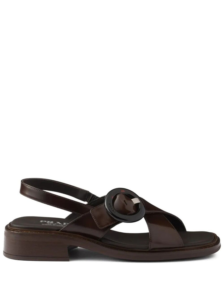Prada Women Brushed Leather Crisscross Band Sandals With Plexiglas Buckle