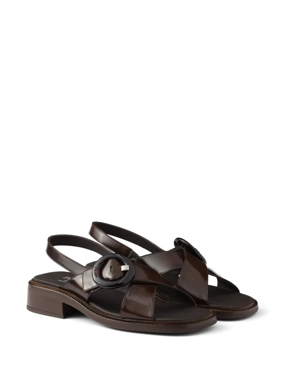 Prada Women Brushed Leather Crisscross Band Sandals With Plexiglas Buckle