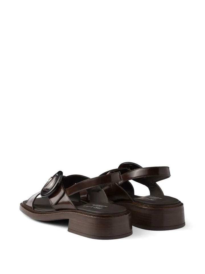 Prada Women Brushed Leather Crisscross Band Sandals With Plexiglas Buckle